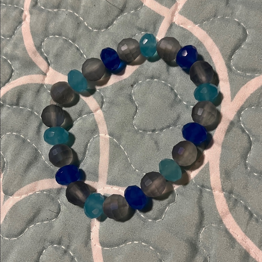 Handcrafted Blue and Gray Faceted Smoky Glass Beaded Stretch Bracelet